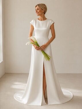Lulus Satin Wedding Dress White M Minimalist Bridal Gown Slit Train Glam Chic